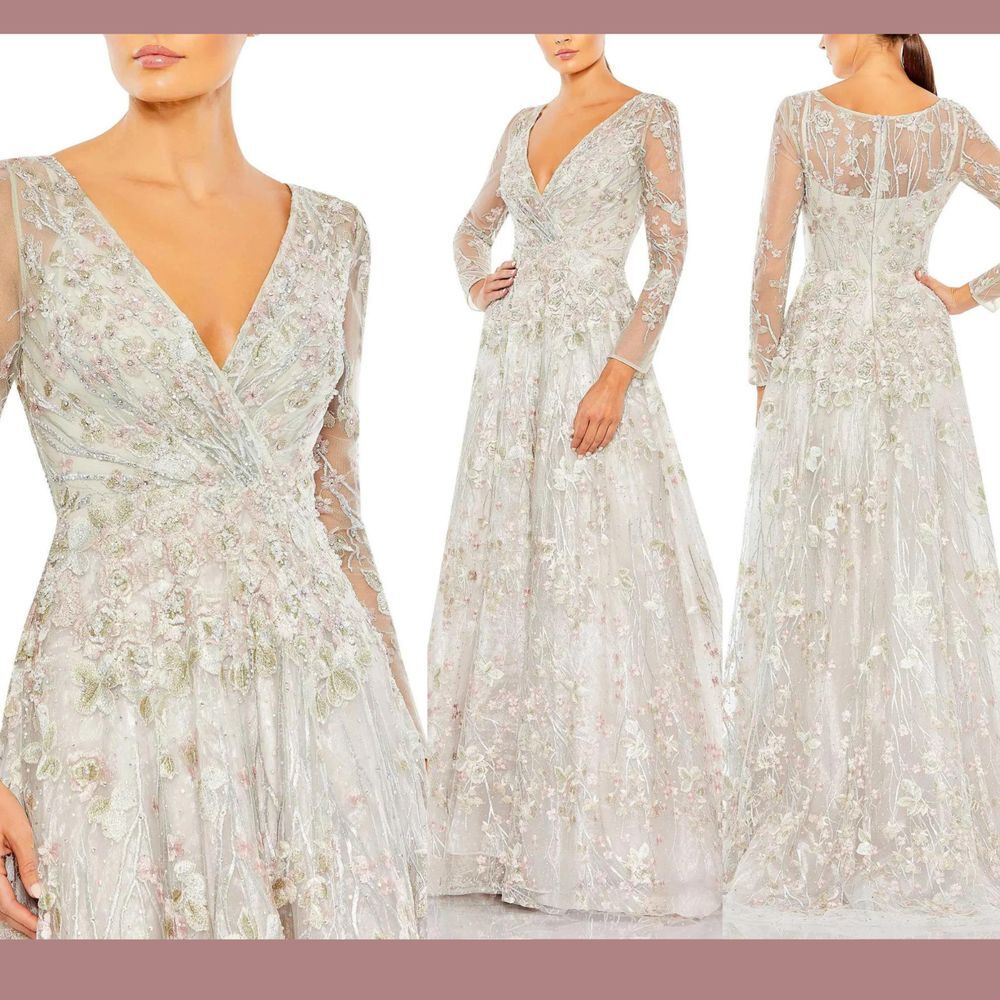 NWT $798 Mac Duggal [‎ 12 ] Embellished Wrap Over Long Sleeve A Line Gown Pastel